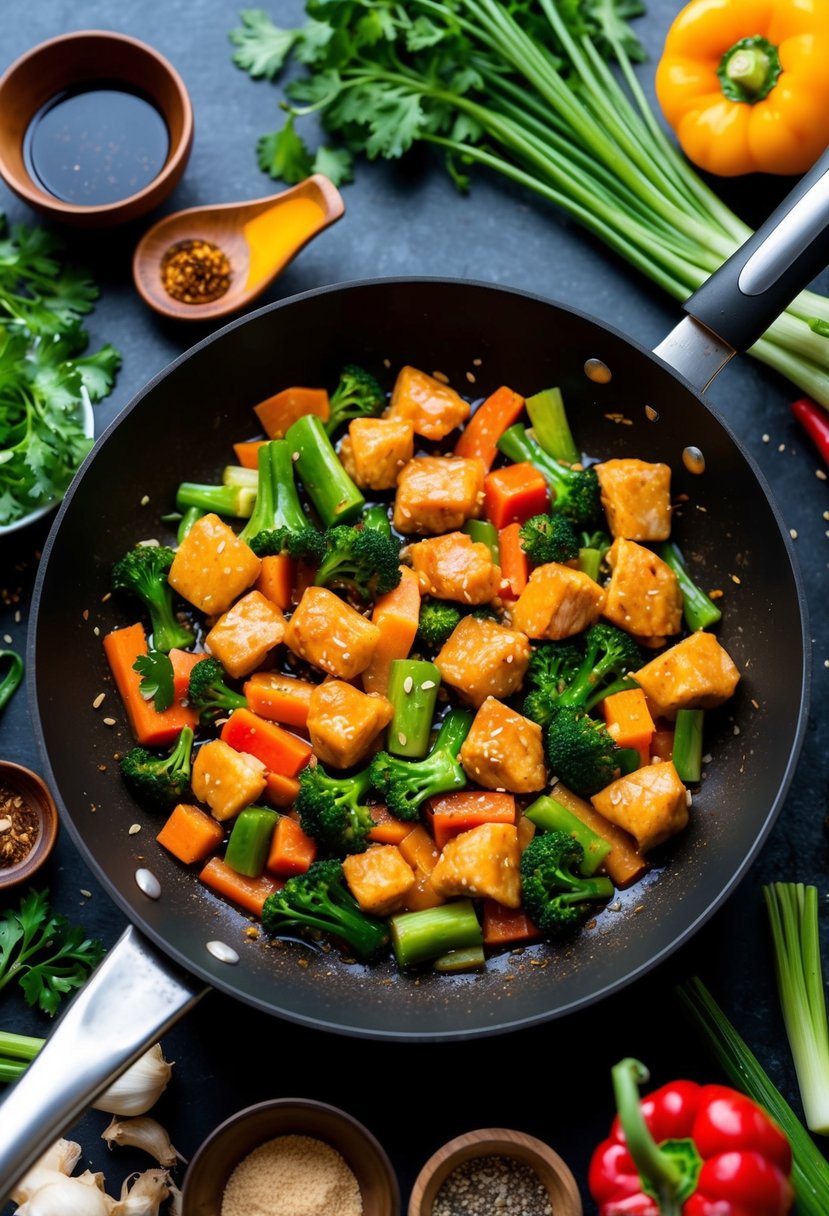 A sizzling stir fry pan filled with colorful vegetables and tender chunks of sesame ginger chicken, surrounded by fresh ingredients and spices