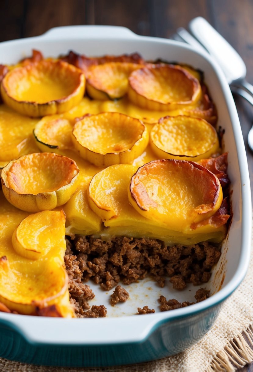 A bubbling casserole dish filled with layers of tender squash and savory ground beef, topped with a golden brown crust