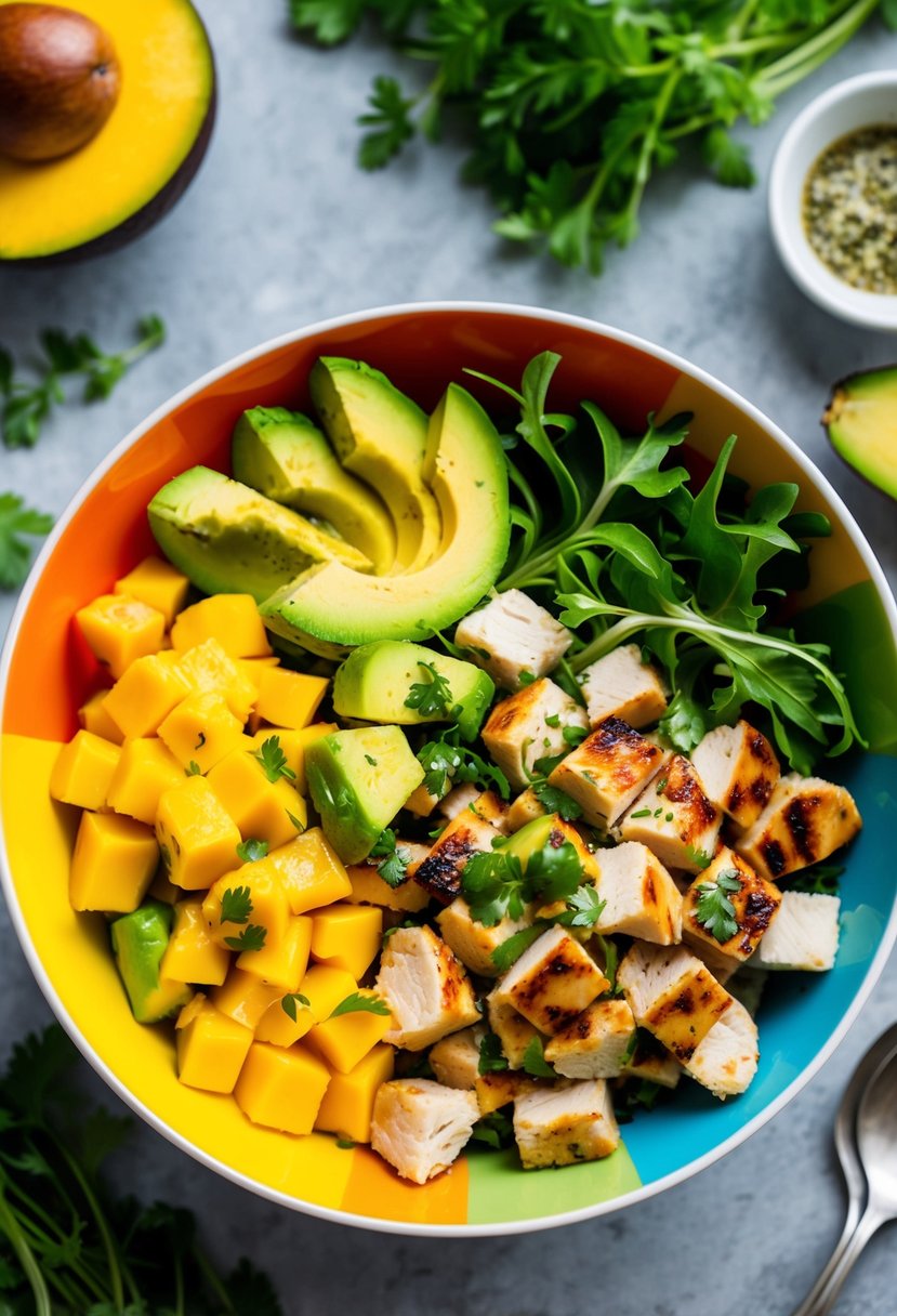 A colorful bowl filled with diced mango, avocado, and grilled chicken, topped with a light vinaigrette, surrounded by fresh greens and herbs