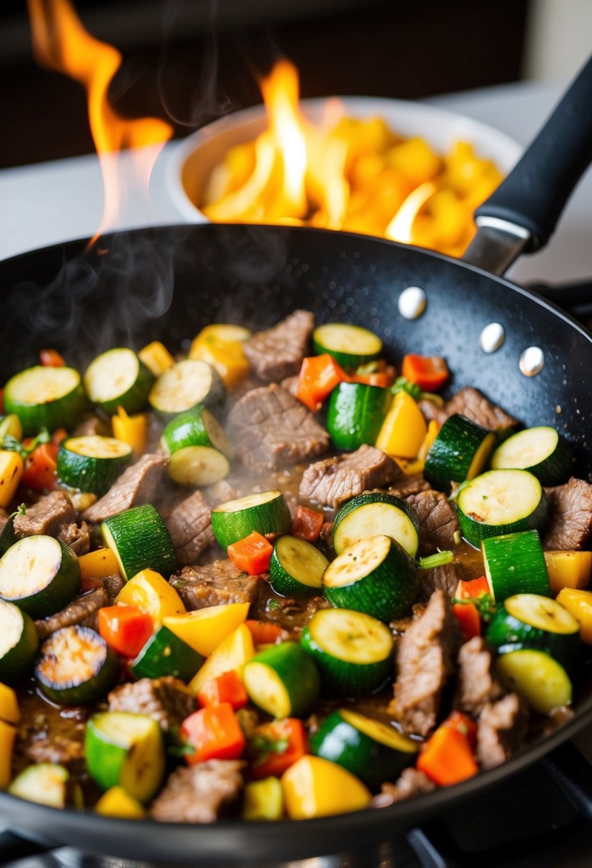 A sizzling skillet with zucchini, beef, and colorful vegetables cooking together over a hot flame