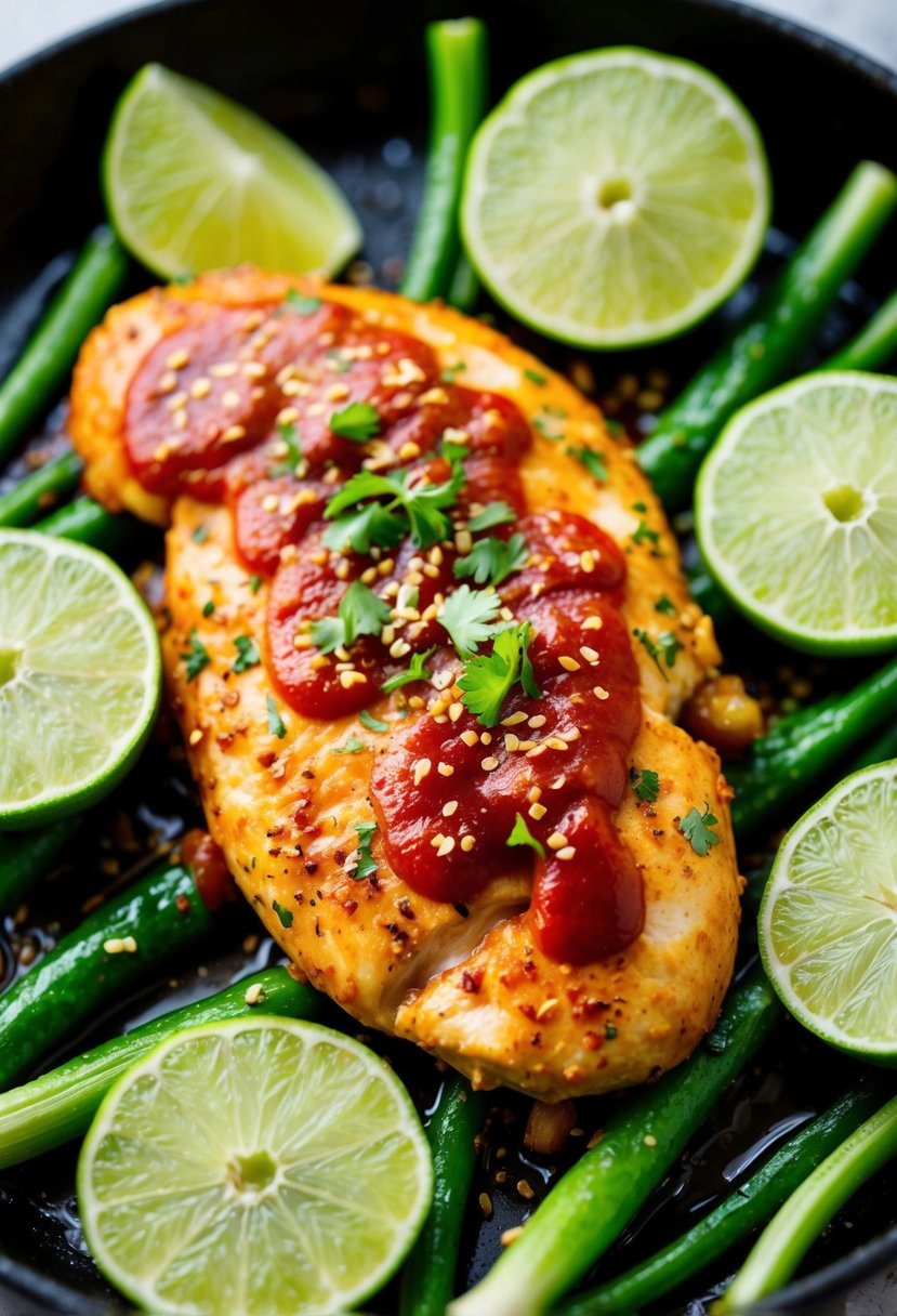 A sizzling chicken breast coated in spicy Sriracha lime sauce, surrounded by vibrant green vegetables and zesty lime slices