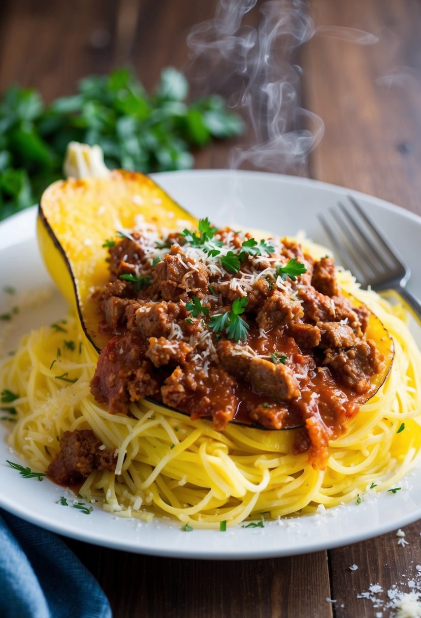 A steaming plate of spaghetti squash topped with rich, savory beef Bolognese sauce, garnished with fresh herbs and grated Parmesan cheese