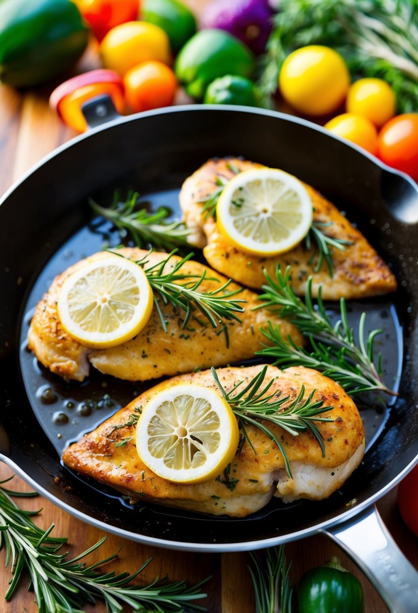 A sizzling skillet with golden-brown chicken breasts topped with fresh rosemary and lemon slices, surrounded by vibrant, colorful vegetables