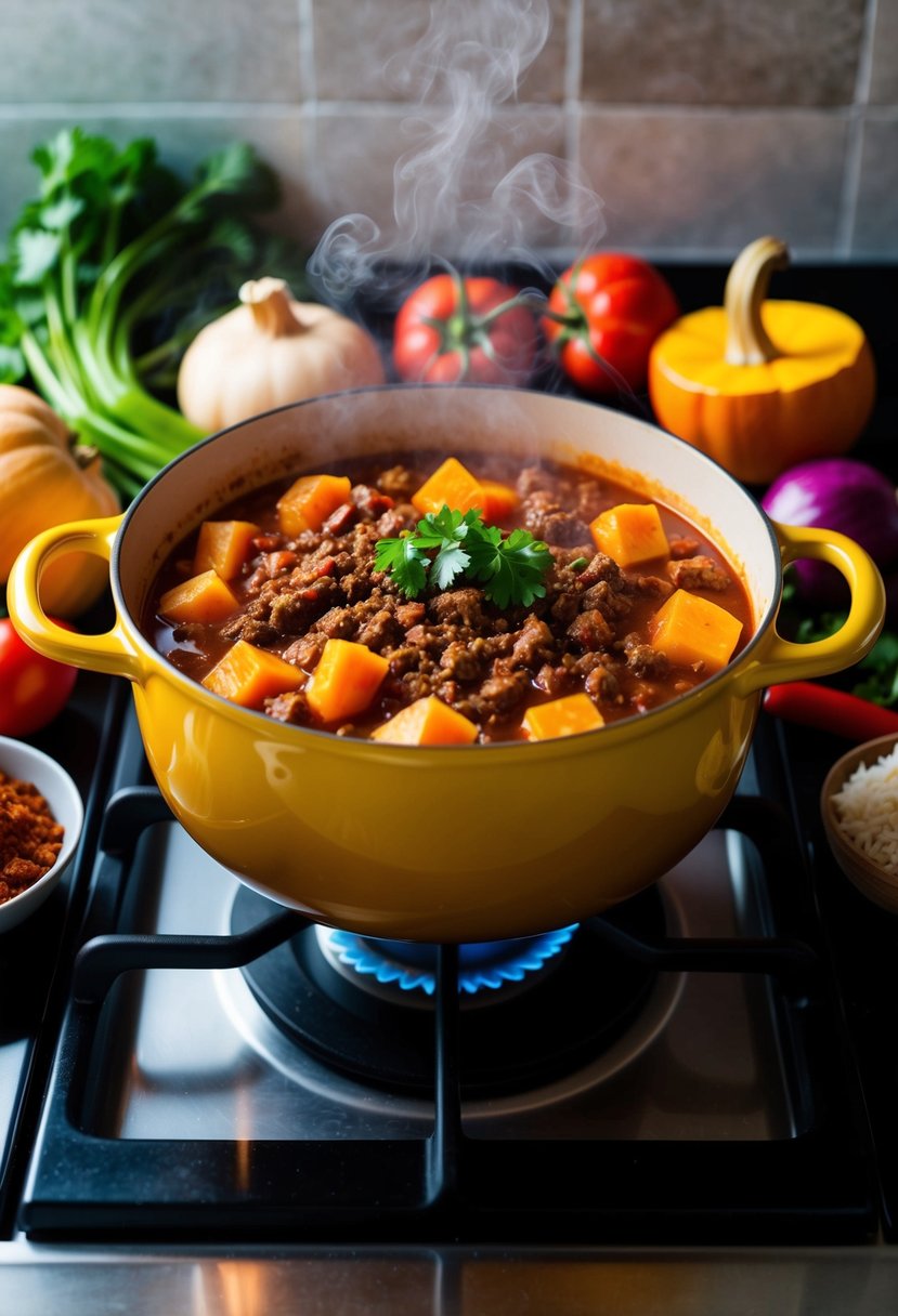 A steaming pot of butternut squash and ground beef chili simmers on a stovetop, surrounded by vibrant spices and fresh vegetables