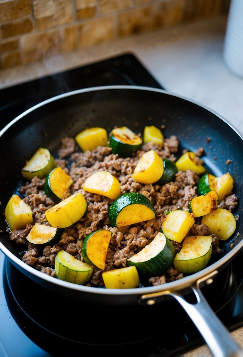 A skillet filled with sautéed summer squash and ground beef, sizzling over a stovetop