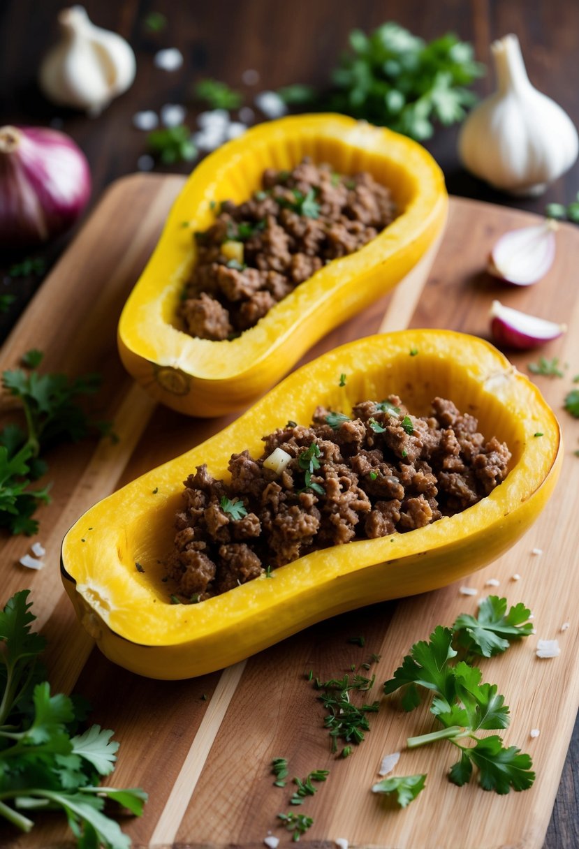 A wooden cutting board with halved yellow squash filled with seasoned ground beef, surrounded by scattered ingredients like garlic, onion, and herbs