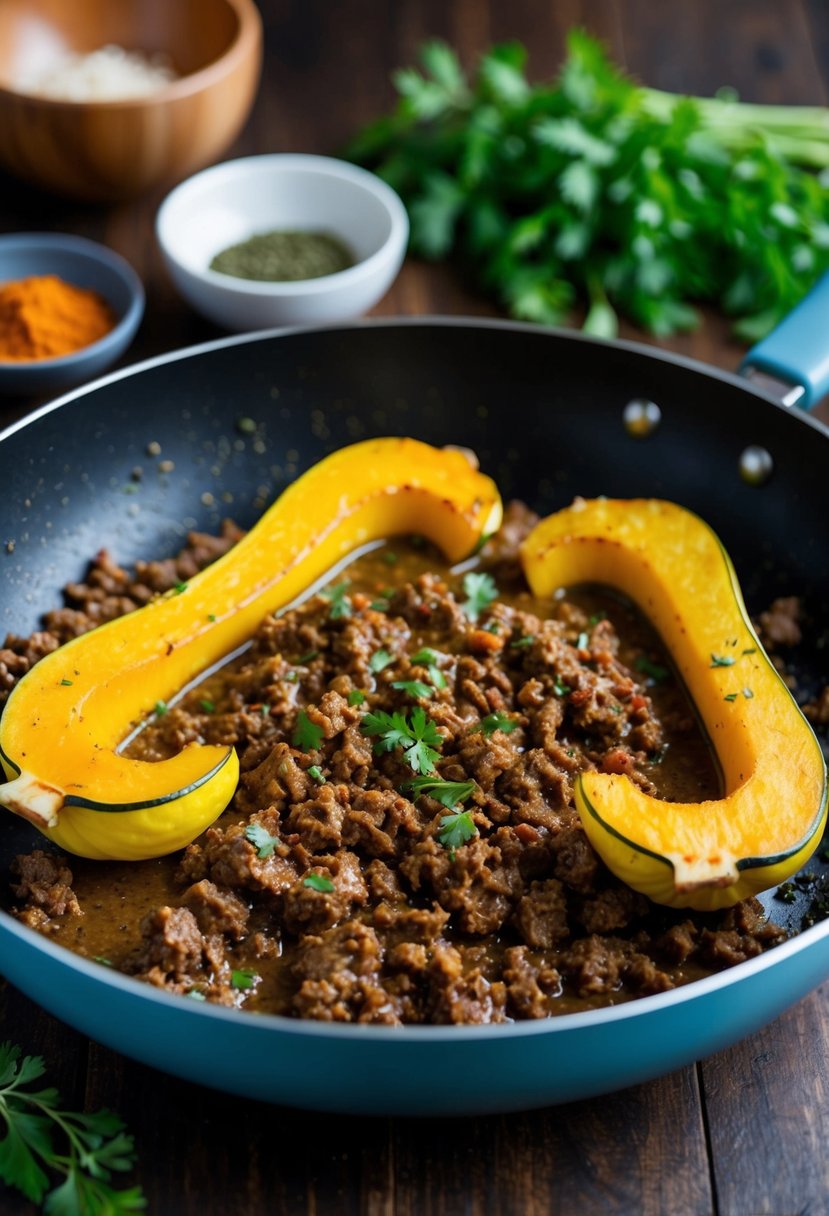 A sizzling pan of ground beef and delicata squash curry, with vibrant spices and aromatic herbs filling the air