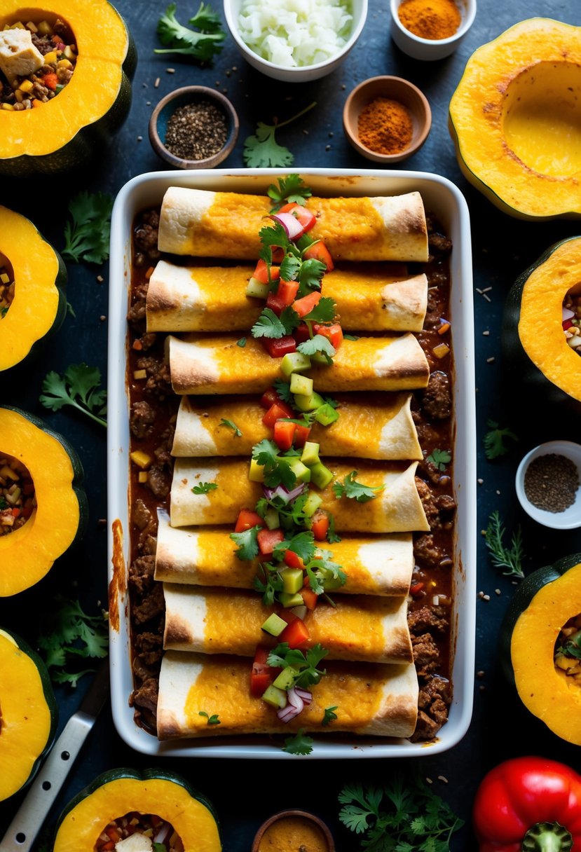 A colorful array of squash and beef enchiladas, with vibrant vegetables and savory meat filling, surrounded by a variety of spices and herbs