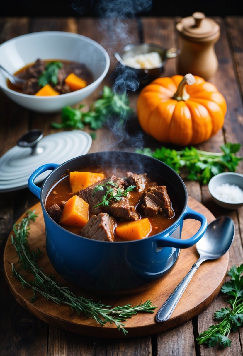 A steaming pot of beef and pumpkin stew simmers on a rustic wooden table, surrounded by fresh ingredients and cooking utensils