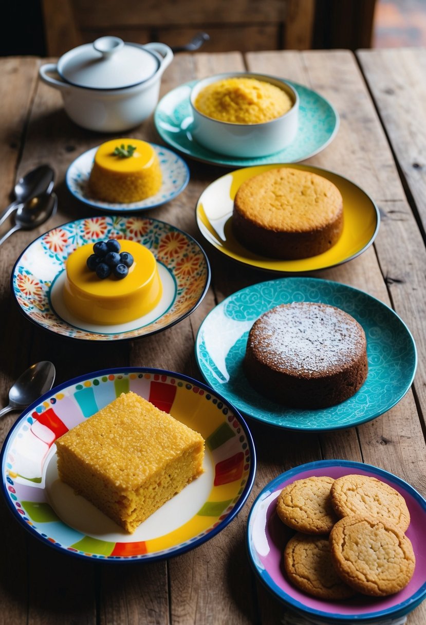 A rustic kitchen table set with a variety of millet sweet recipes: millet pudding, millet cake, and millet cookies, arranged on colorful ceramic plates