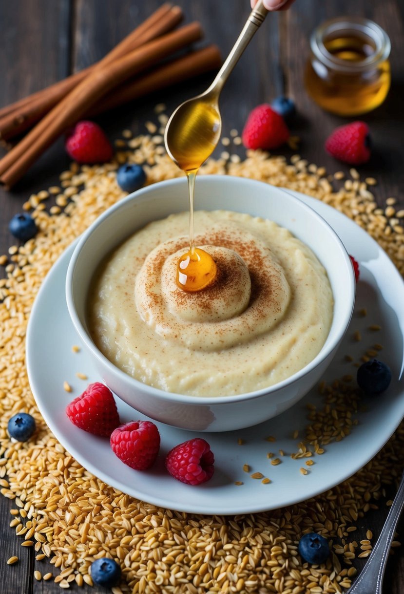 A bowl of creamy millet pudding topped with a sprinkle of cinnamon and a drizzle of honey, surrounded by scattered millet grains and a few fresh berries