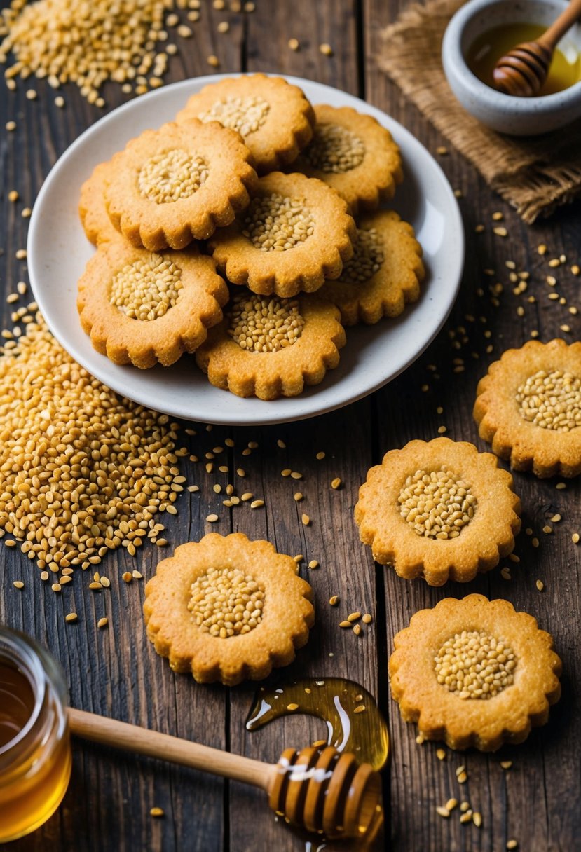 A rustic wooden table with a plate of golden millet and honey cookies, surrounded by scattered millet grains and a drizzle of honey