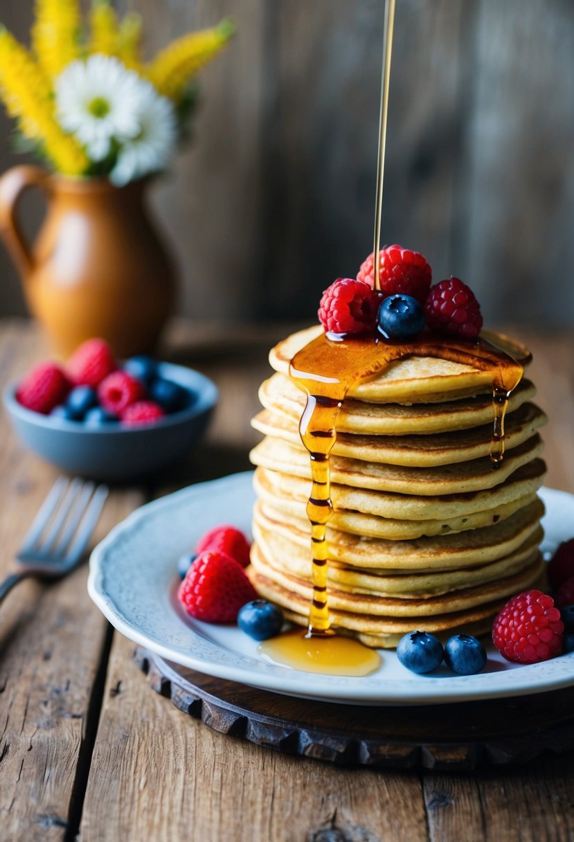 A stack of golden millet pancakes topped with sweet syrup and fresh berries on a rustic wooden table