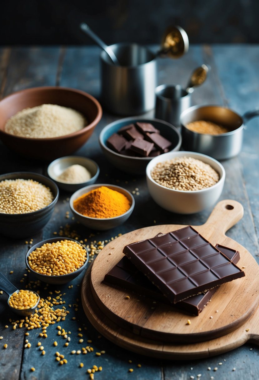 A rustic kitchen counter with assorted ingredients and utensils, including millet grains, chocolate, and a finished batch of millet chocolate bars