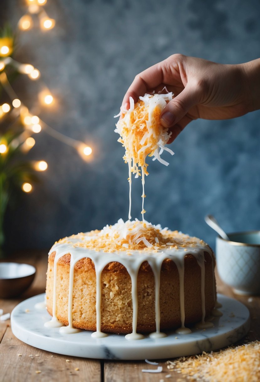 A coconut millet cake being decorated with shredded coconut and drizzled with a sweet glaze