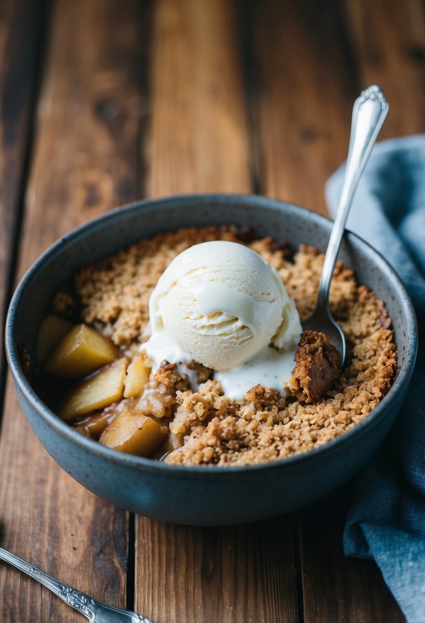 A rustic bowl of millet apple crisp with a golden-brown crust, topped with a scoop of vanilla ice cream