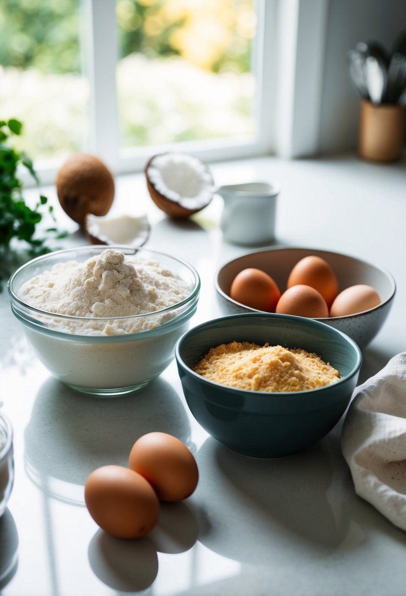 A kitchen counter with coconut flour, eggs, and a bowl of mixed ingredients for keto recipes