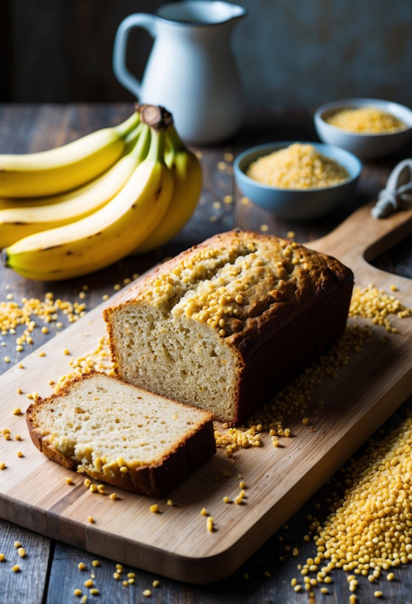 A rustic kitchen with a freshly baked millet banana bread cooling on a wooden cutting board, surrounded by scattered millet grains and ripe bananas