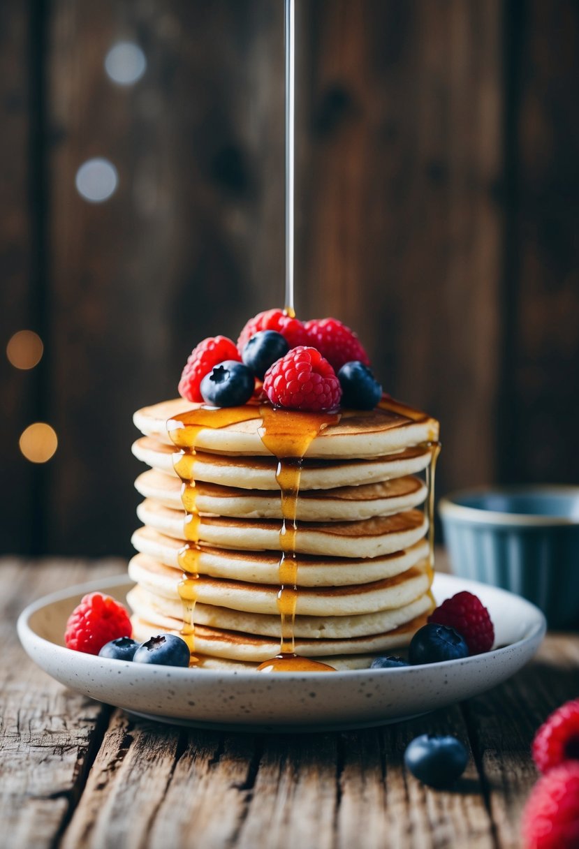 A stack of fluffy coconut flour pancakes topped with fresh berries and a drizzle of sugar-free syrup on a rustic wooden table