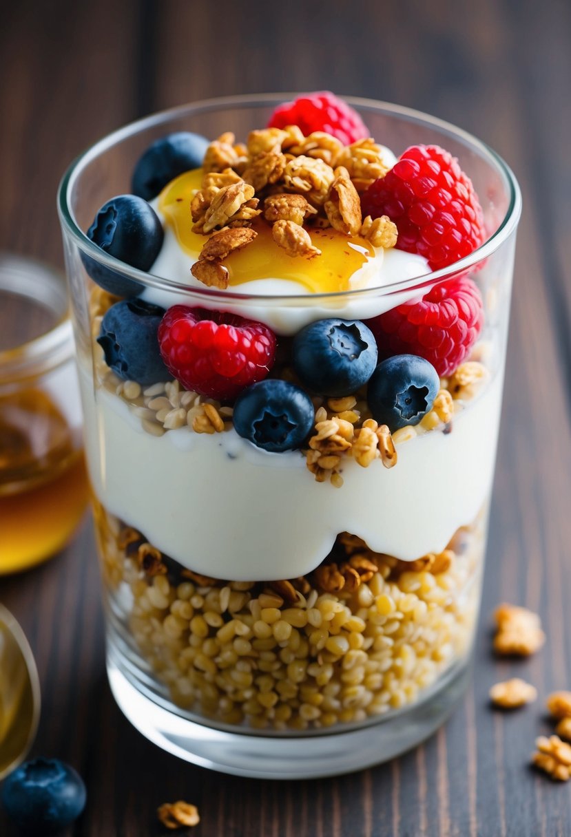 A glass parfait dish filled with layers of millet grains, fresh berries, and sweet yogurt, topped with a sprinkle of granola and a drizzle of honey