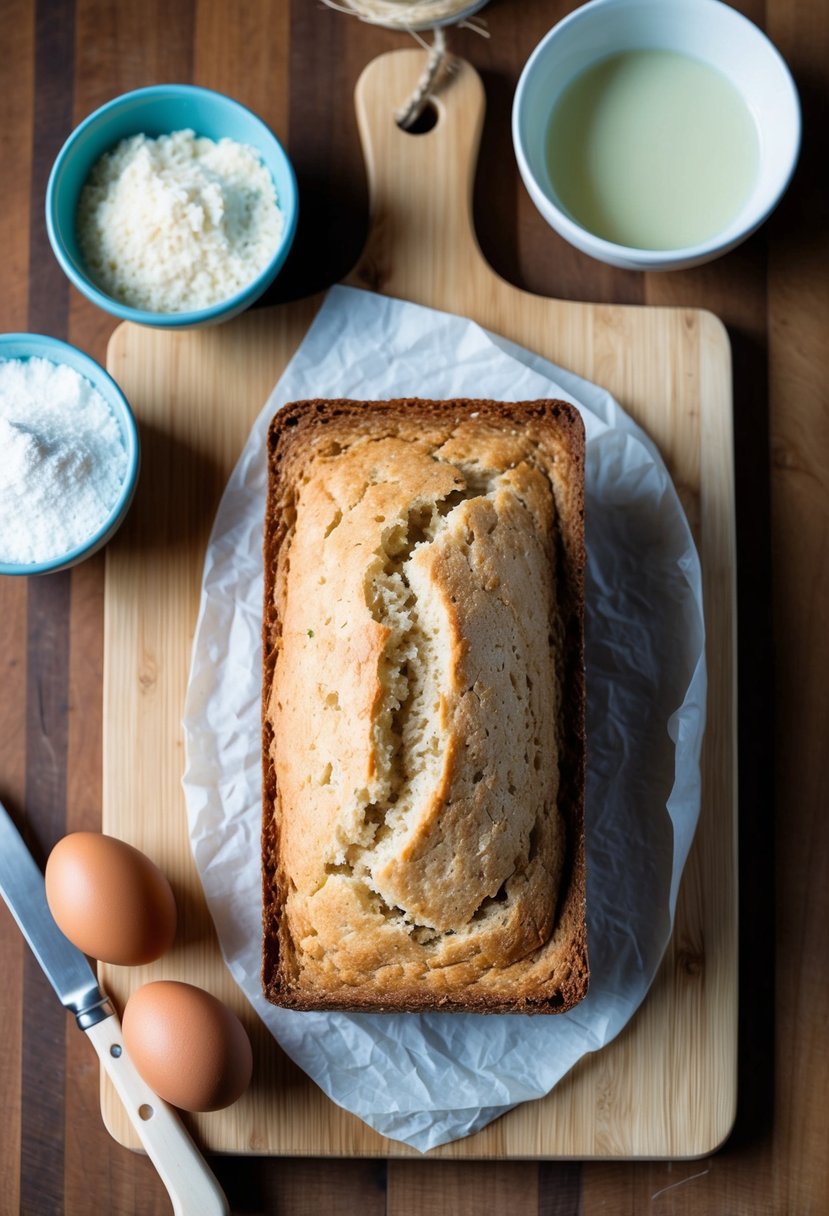 A loaf of keto coconut flour bread surrounded by coconut flour, eggs, and coconut oil on a wooden cutting board