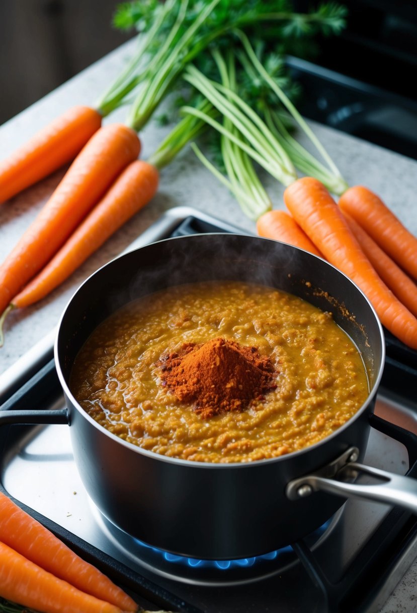 A steaming pot of millet carrot halwa simmering on a stovetop, surrounded by vibrant orange carrots and a sprinkle of aromatic spices