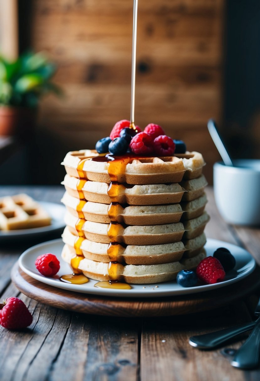 A stack of coconut flour waffles topped with berries and a drizzle of syrup on a wooden table