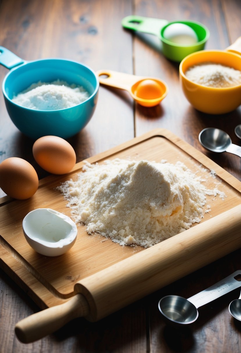 A wooden cutting board with coconut flour, eggs, and a rolling pin surrounded by measuring cups and spoons