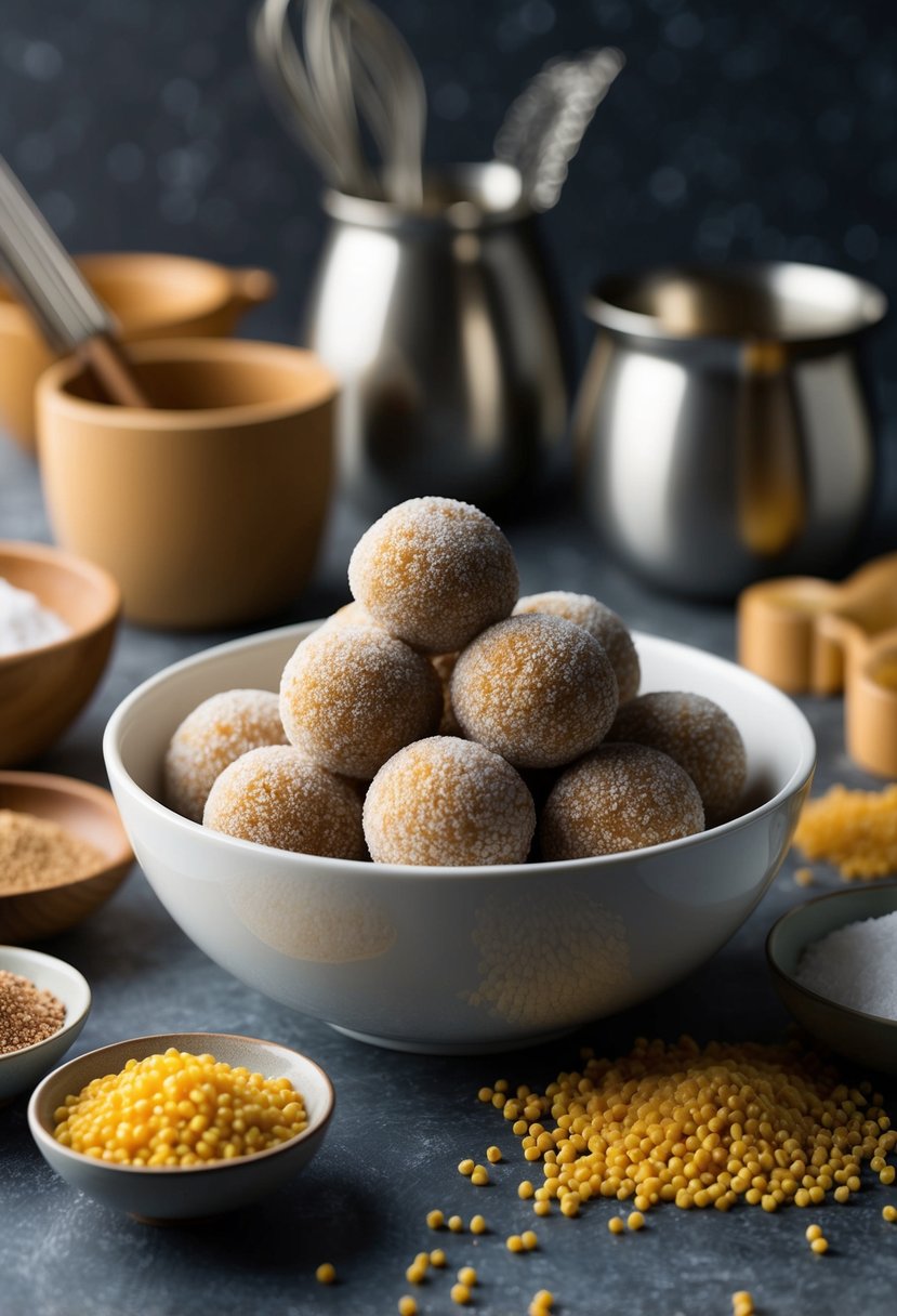 A bowl of millet sugar balls surrounded by ingredients and kitchen utensils