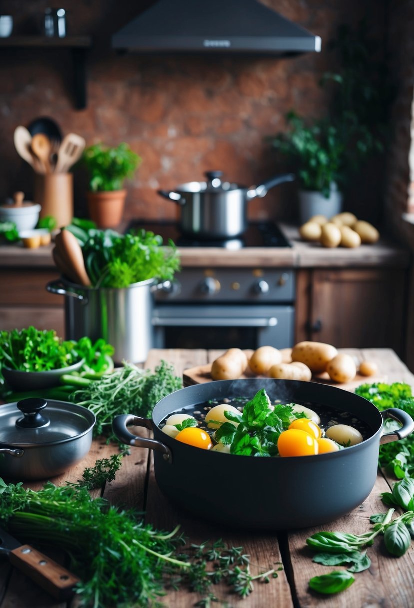 A rustic kitchen with fresh vegetables, herbs, and potatoes on a wooden table, surrounded by cooking utensils and a pot of boiling water