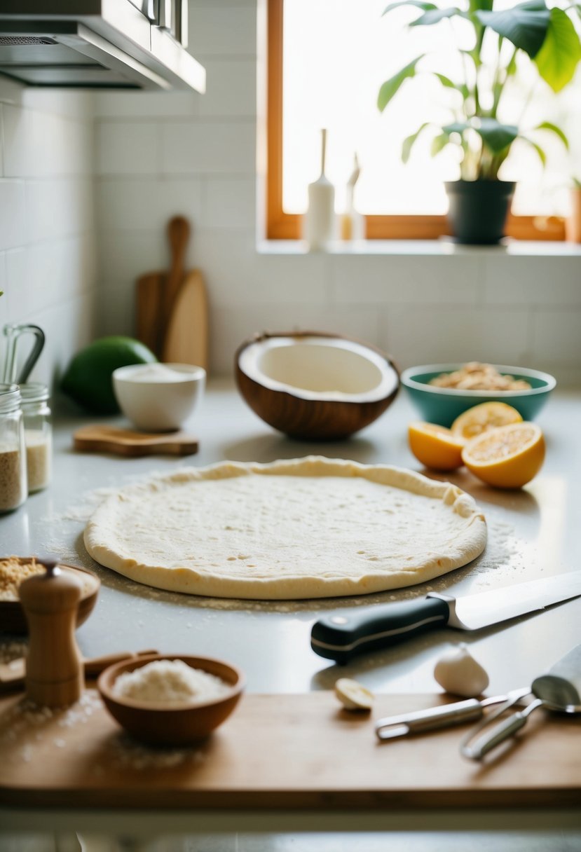 A coconut flour pizza crust being prepared with ingredients and tools laid out on a clean kitchen counter