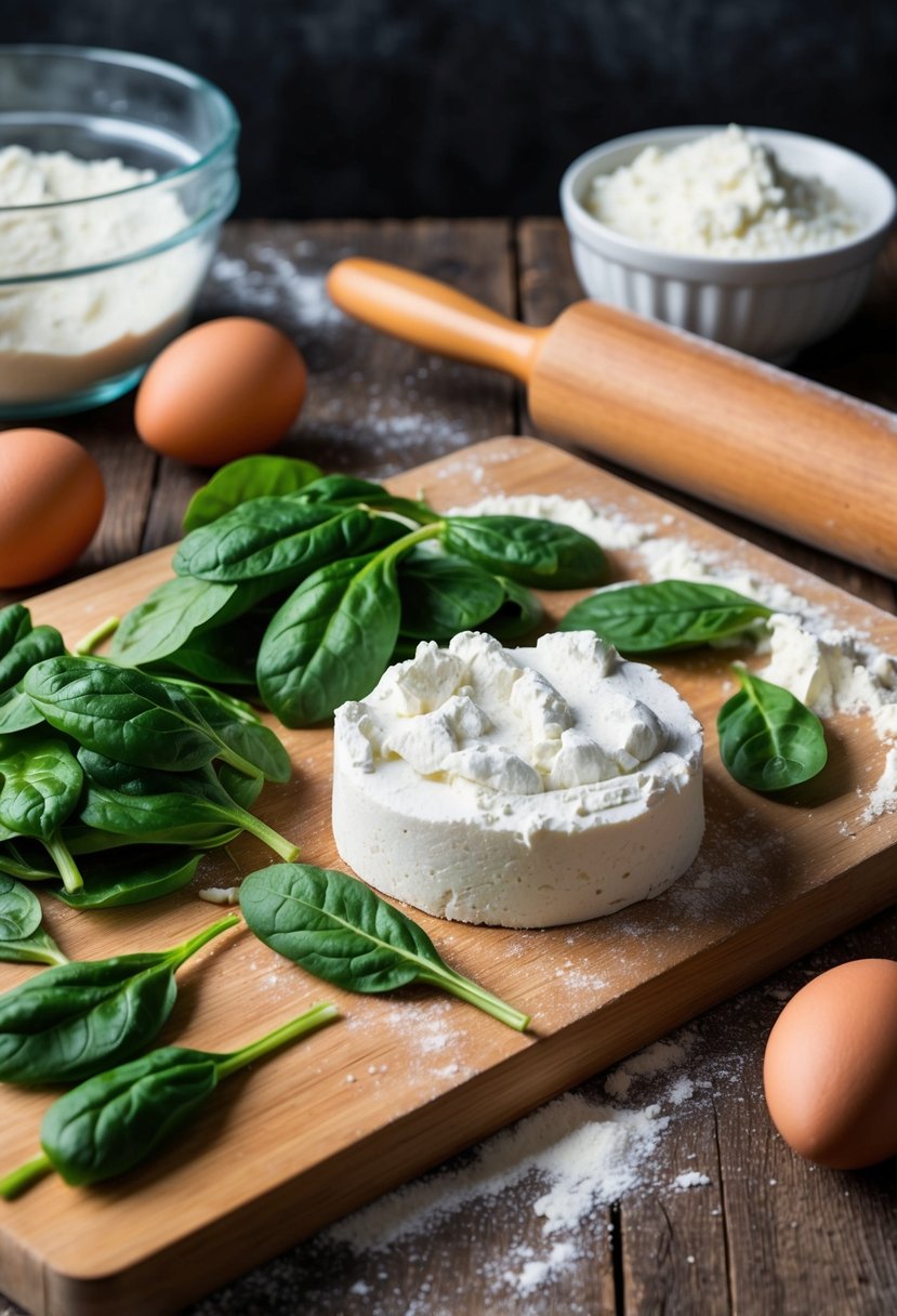 A rustic kitchen with fresh spinach and ricotta cheese on a wooden cutting board, surrounded by flour, eggs, and a rolling pin