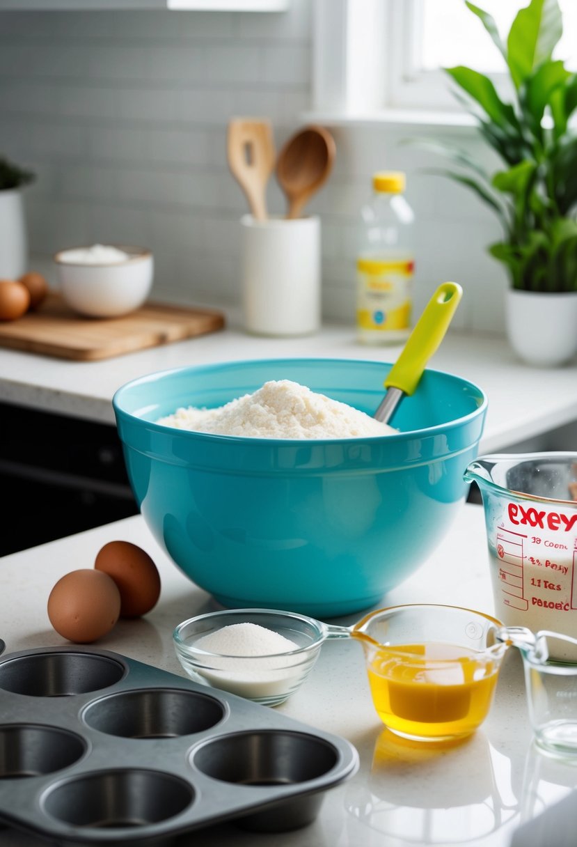 A kitchen counter with a mixing bowl, measuring cups, coconut flour, and muffin tins. Ingredients like eggs, coconut oil, and sweetener are nearby