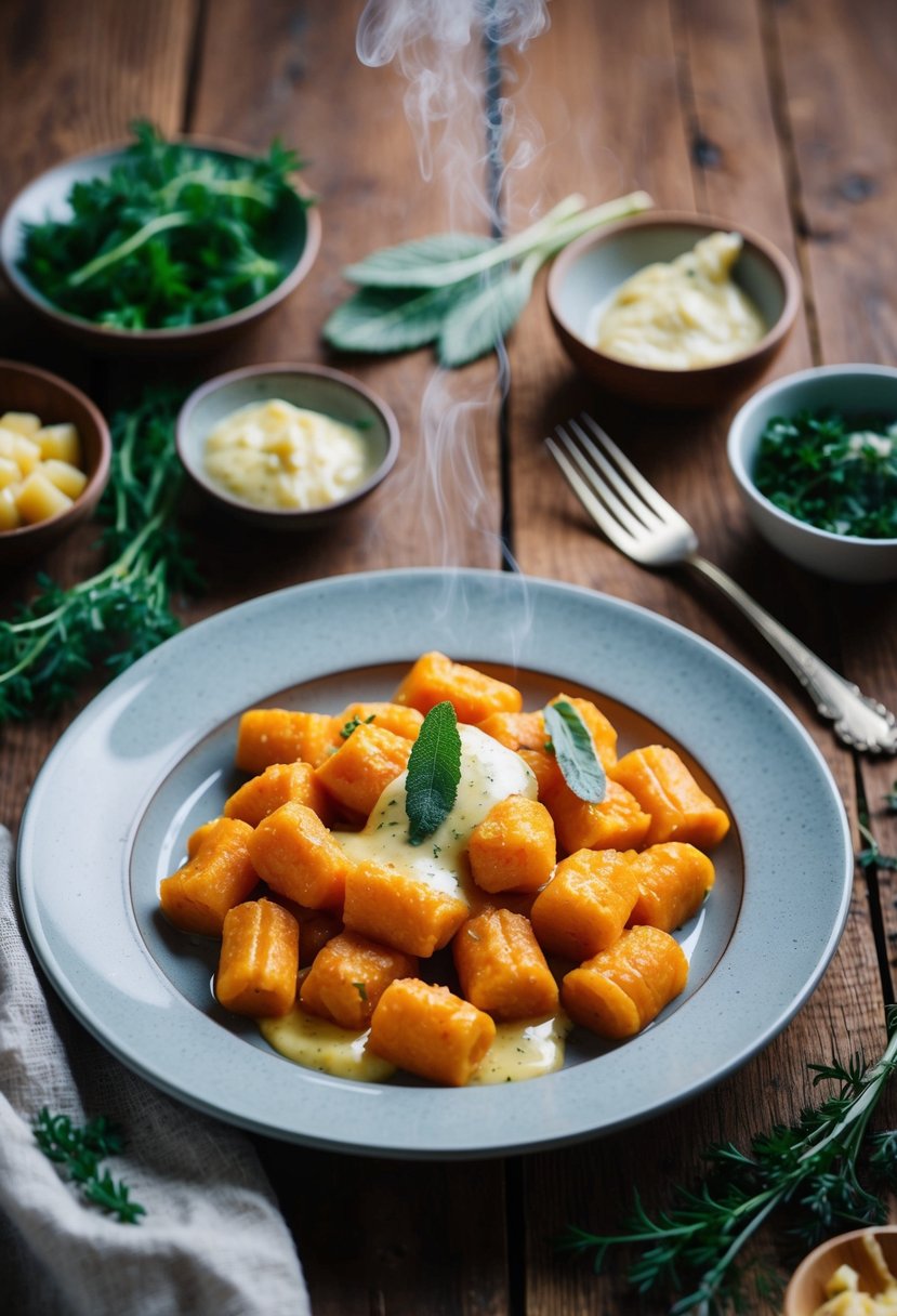 A rustic wooden table set with a steaming plate of sweet potato gnocchi drizzled with sage butter, surrounded by fresh herbs and ingredients