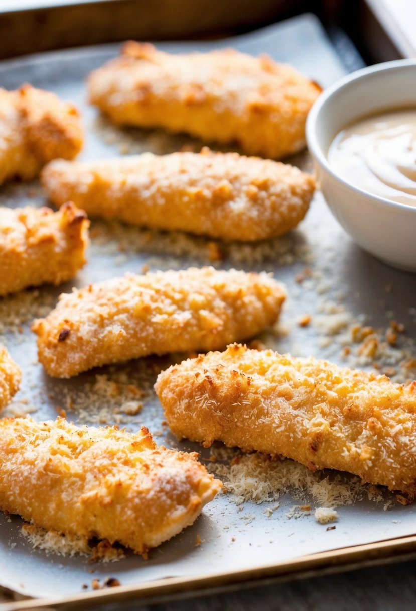 Golden-brown chicken tenders coated in coconut flour, arranged on a baking sheet with a side of dipping sauce