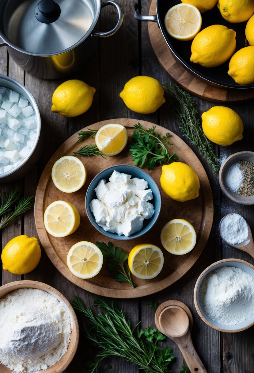 A rustic wooden table set with fresh lemons, ricotta cheese, flour, and herbs, surrounded by kitchen utensils and a pot of boiling water