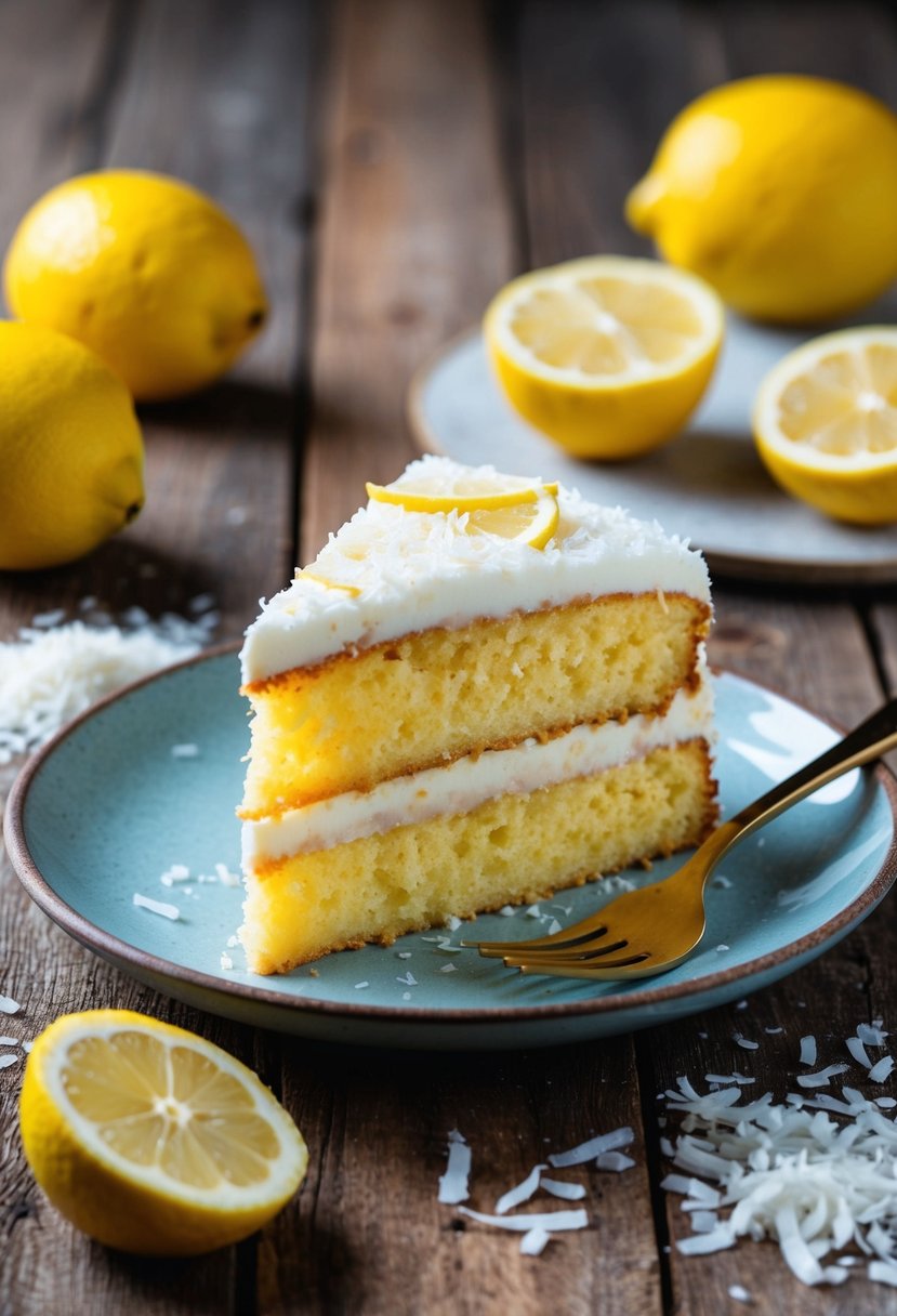 A slice of keto lemon coconut cake on a rustic wooden table with fresh lemons and shredded coconut scattered around