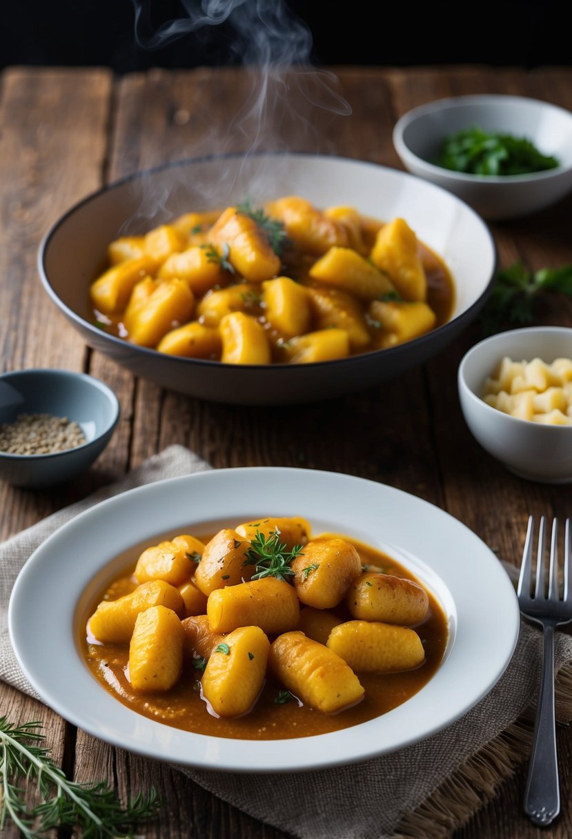 A rustic wooden table set with a steaming plate of pumpkin gnocchi in a rich brown butter sauce, garnished with fresh herbs