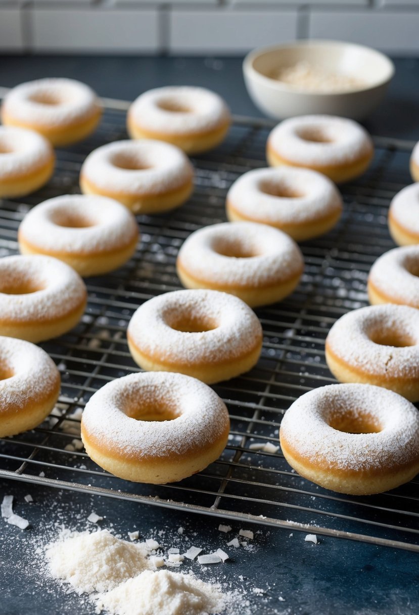 A kitchen counter with a cooling rack of freshly baked coconut flour doughnuts, surrounded by scattered coconut flour and a bowl of glaze