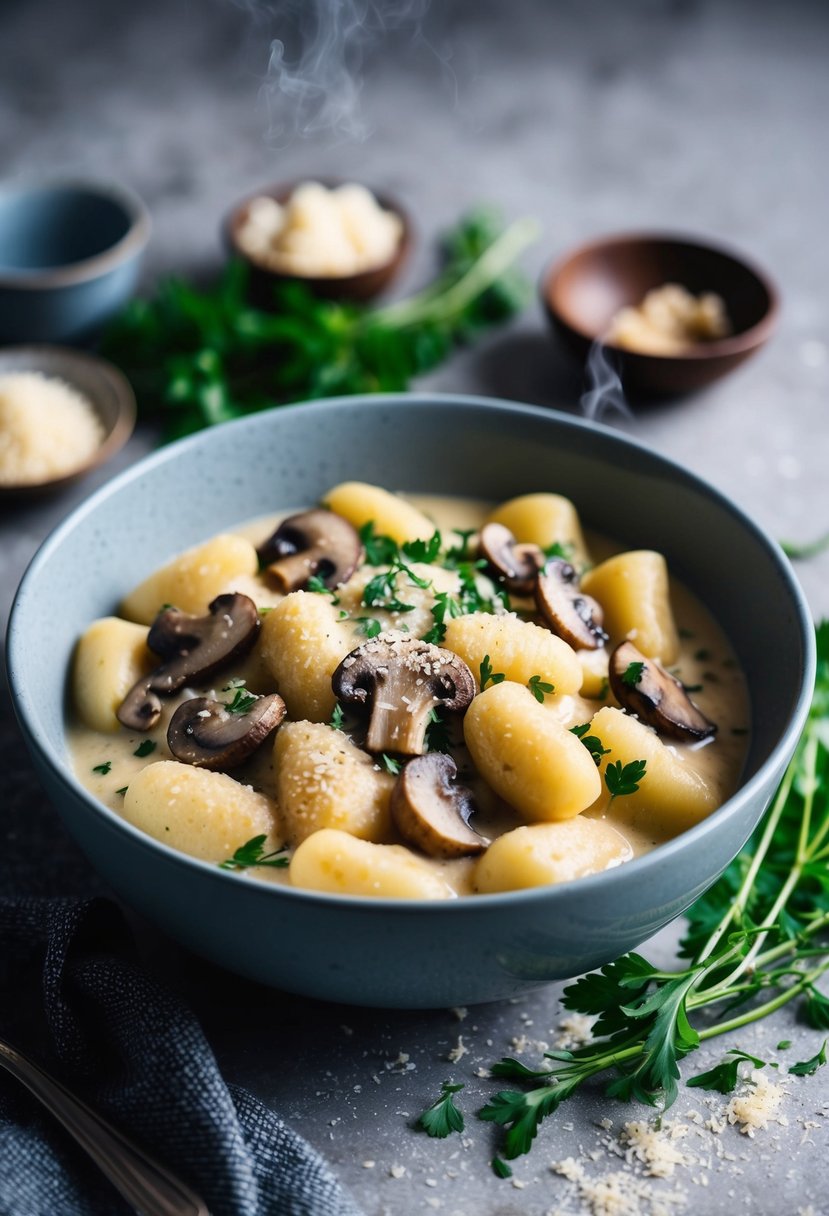 A steaming bowl of mushroom gnocchi in creamy sauce, surrounded by fresh herbs and a sprinkle of parmesan cheese