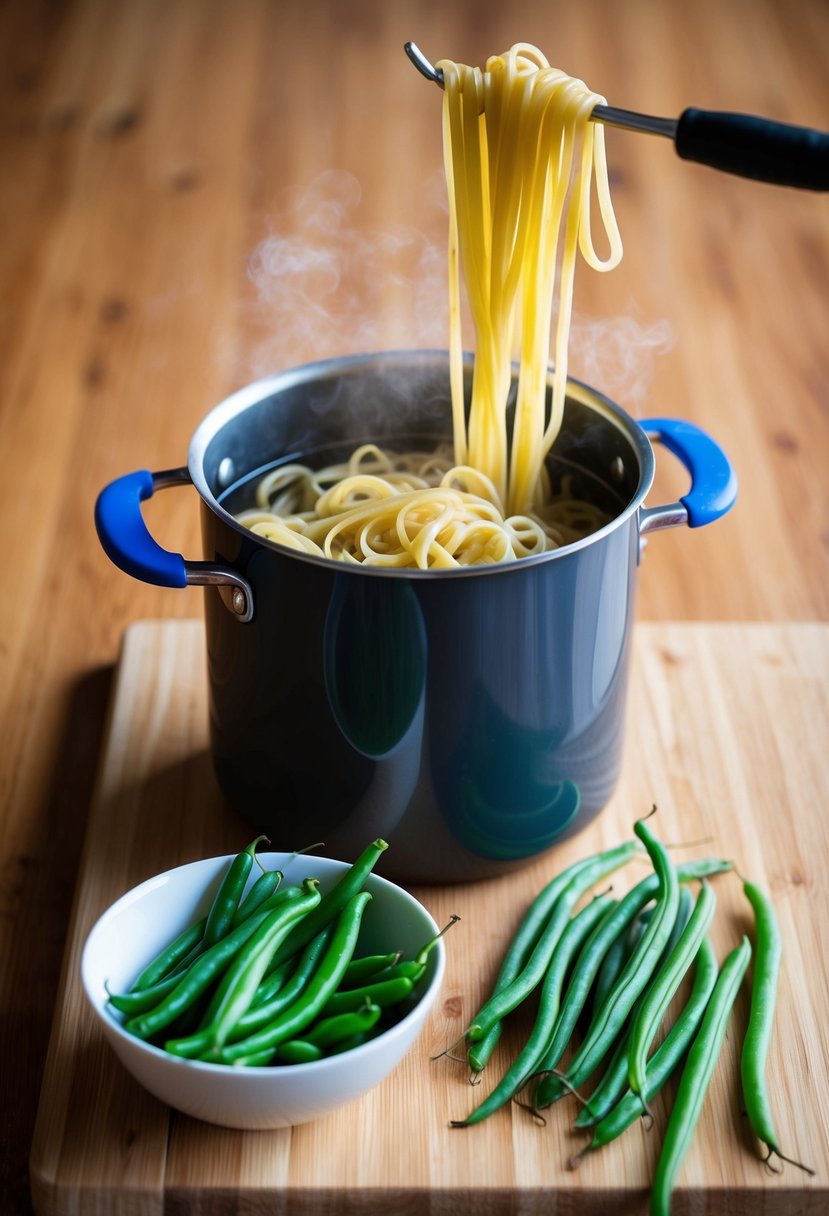 A pot of boiling pasta next to a bowl of fresh green beans on a wooden cutting board