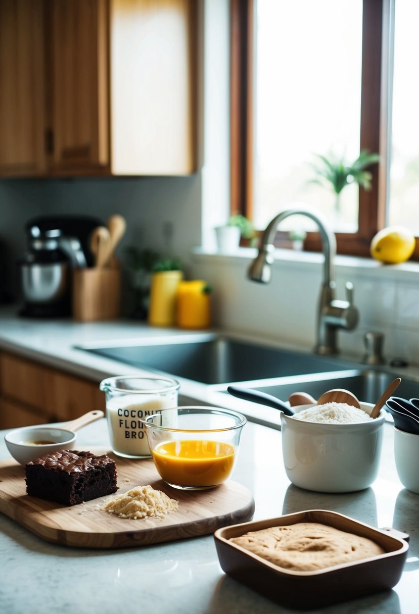 A kitchen counter with ingredients and utensils for making coconut flour brownies