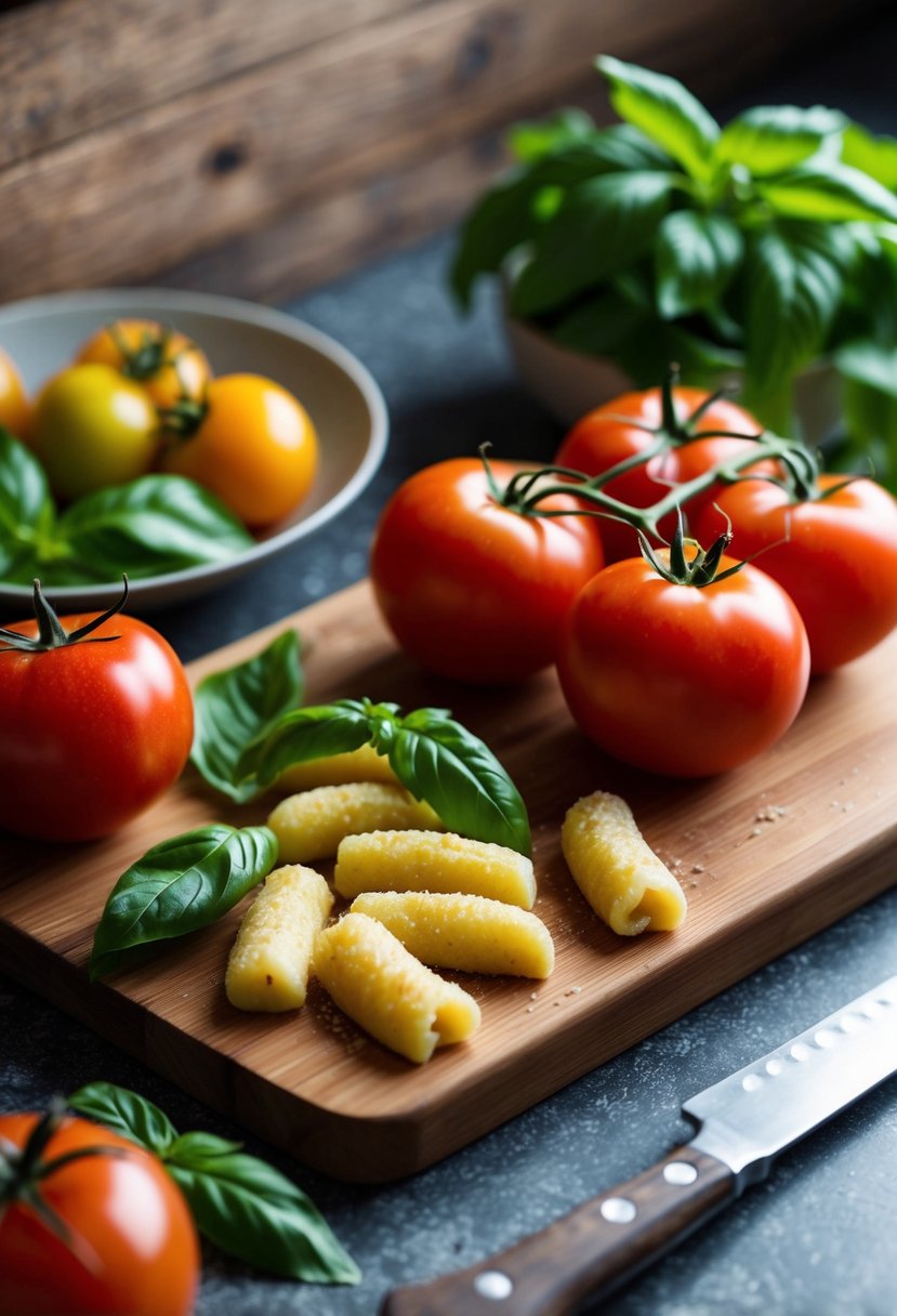 A rustic kitchen counter with fresh tomatoes, basil leaves, and homemade gnocchi on a wooden cutting board