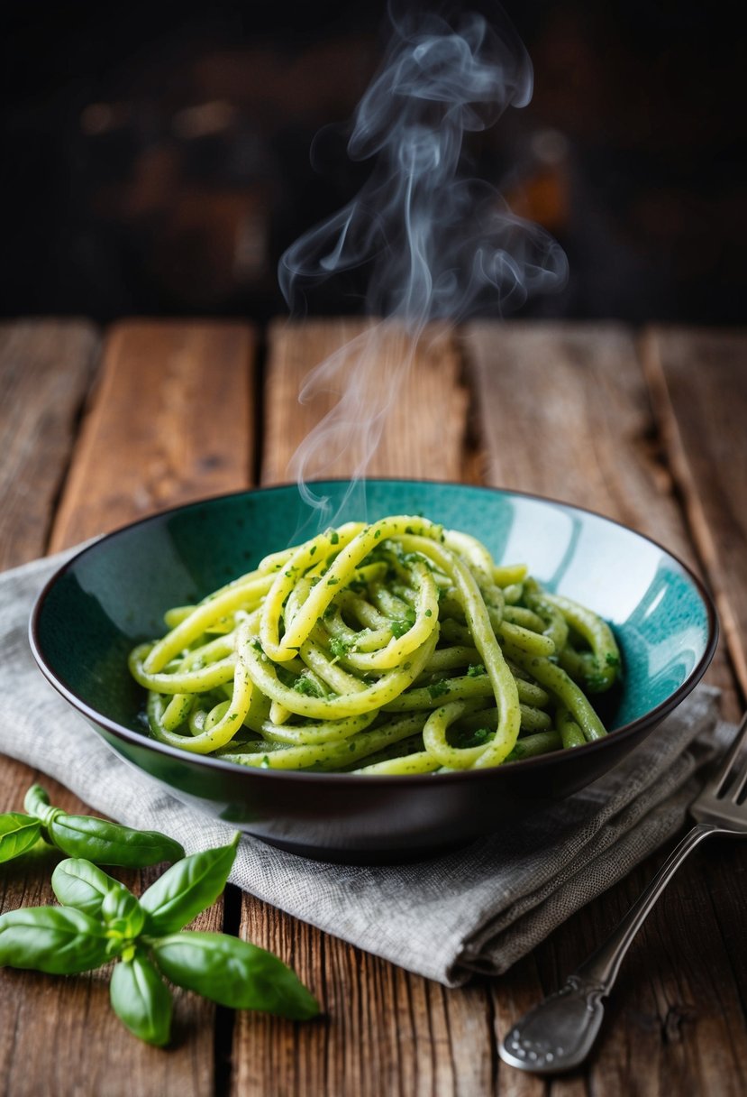 A steaming bowl of pesto green bean pasta on a rustic wooden table