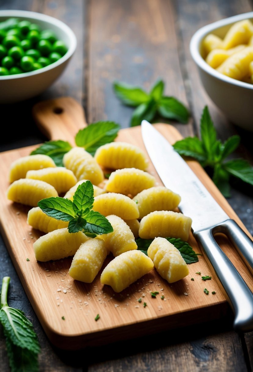 A rustic kitchen scene with fresh peas, mint leaves, and homemade gnocchi on a wooden cutting board