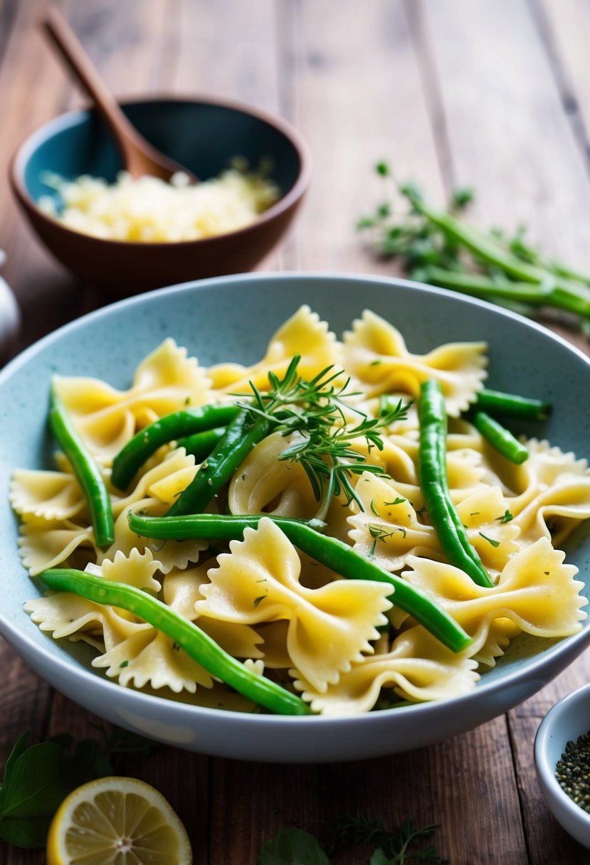 A bowl of bowtie pasta with lemon garlic green beans and herbs