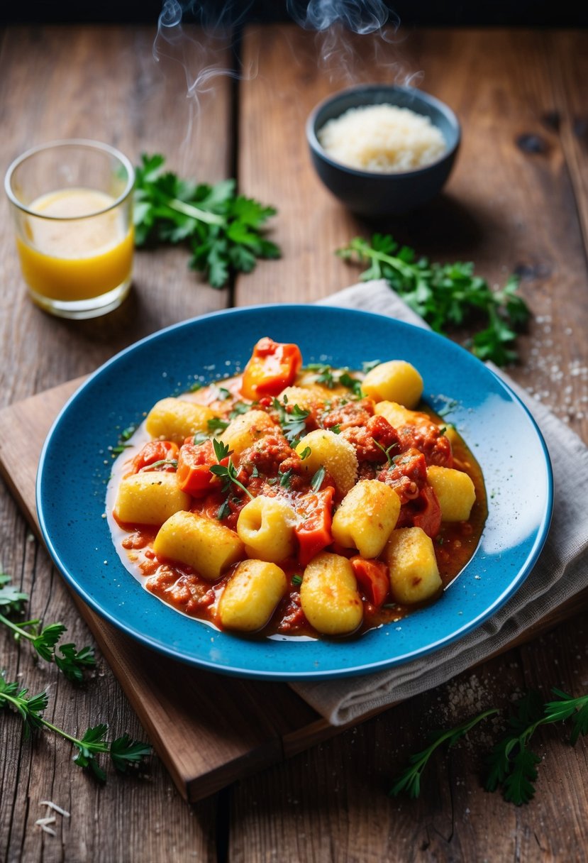 A rustic wooden table with a steaming plate of gnocchi in a vibrant roasted red pepper sauce, garnished with fresh herbs and grated parmesan