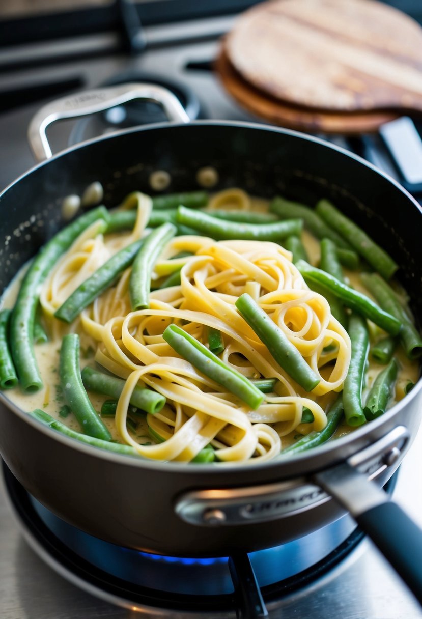 A pot of creamy green bean linguine simmering on a stovetop