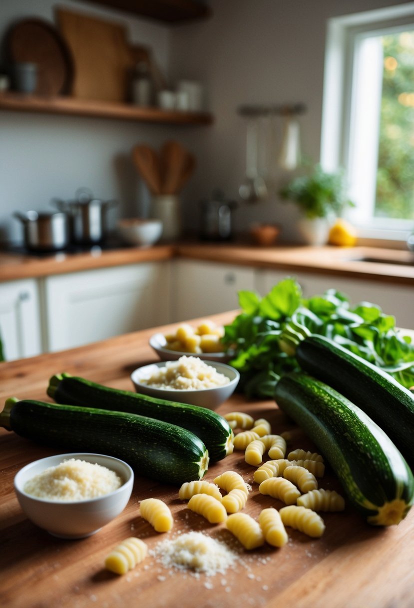 A rustic kitchen counter with fresh zucchinis, parmesan cheese, and gnocchi ingredients laid out for a vegetarian recipe