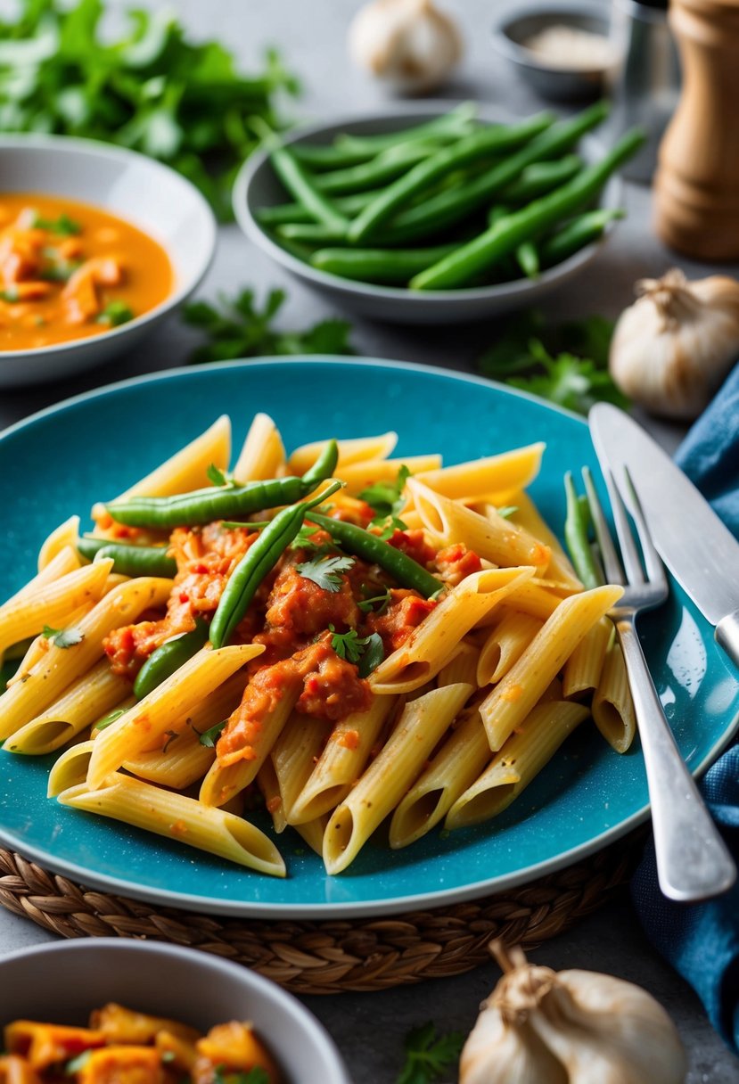 A steaming plate of penne pasta with vibrant green beans and a spicy sauce, surrounded by fresh ingredients and cooking utensils